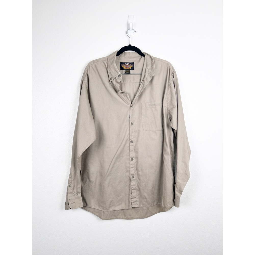 Harley Davidson Mens Button Down Biker Motorcycle Shirt Khaki Beige Large